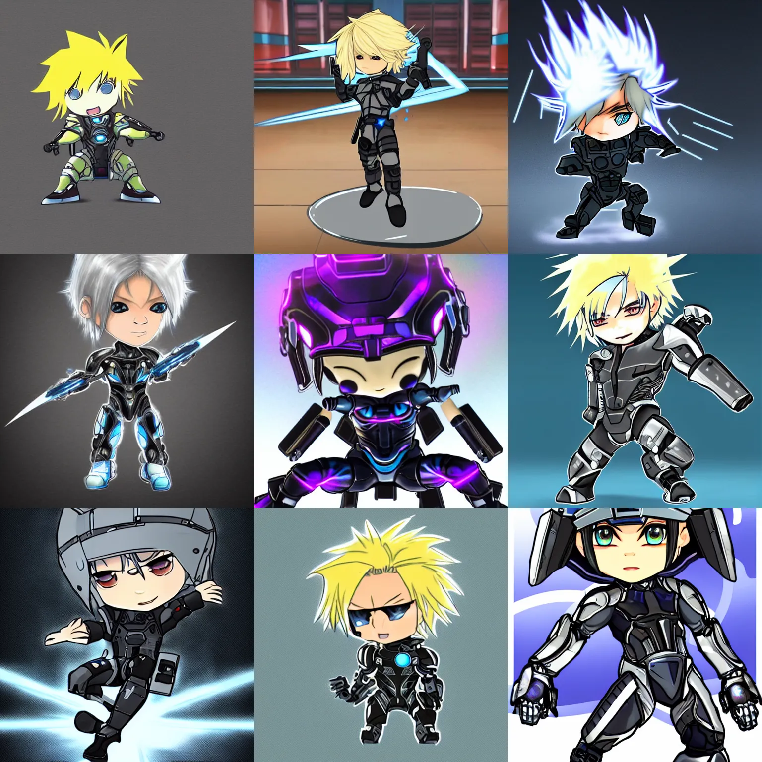 Prompt: cartoon chibi smol raiden from metal gear rising : revengeance with a cybernetic visor, breakdancing