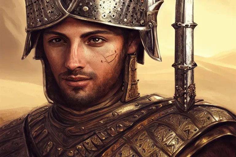 Image similar to Portrait of a handsome king in the desert, Medieval Warrior, detailed scene, Armour and Crown, Sword, photo realistic, highly detailed, dramatic lighting, trending on artstation, elegant, intricate, character design, motion and action and tragedy, fantasy, D&D, highly detailed, digital painting, concept art