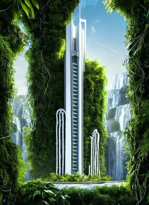 Prompt: white futuristic skyscraper covered in plants, hanging vines, exterior view, magical white futuristic alien library, expansive grand scale, with ornate detail carved in blackbutt timber, next to a waterfall, plants, greenery, white flowers, hanging vines, candles, glowing sprites, fibonacci composition, photorealistic, 4 k, god rays, highly detailed, octane render