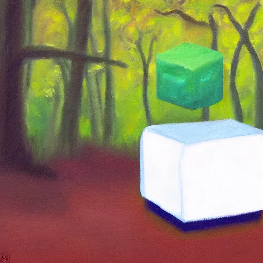 Image similar to oil painting of a blender default cube sitting in the middle of a forest clearing, bob ross