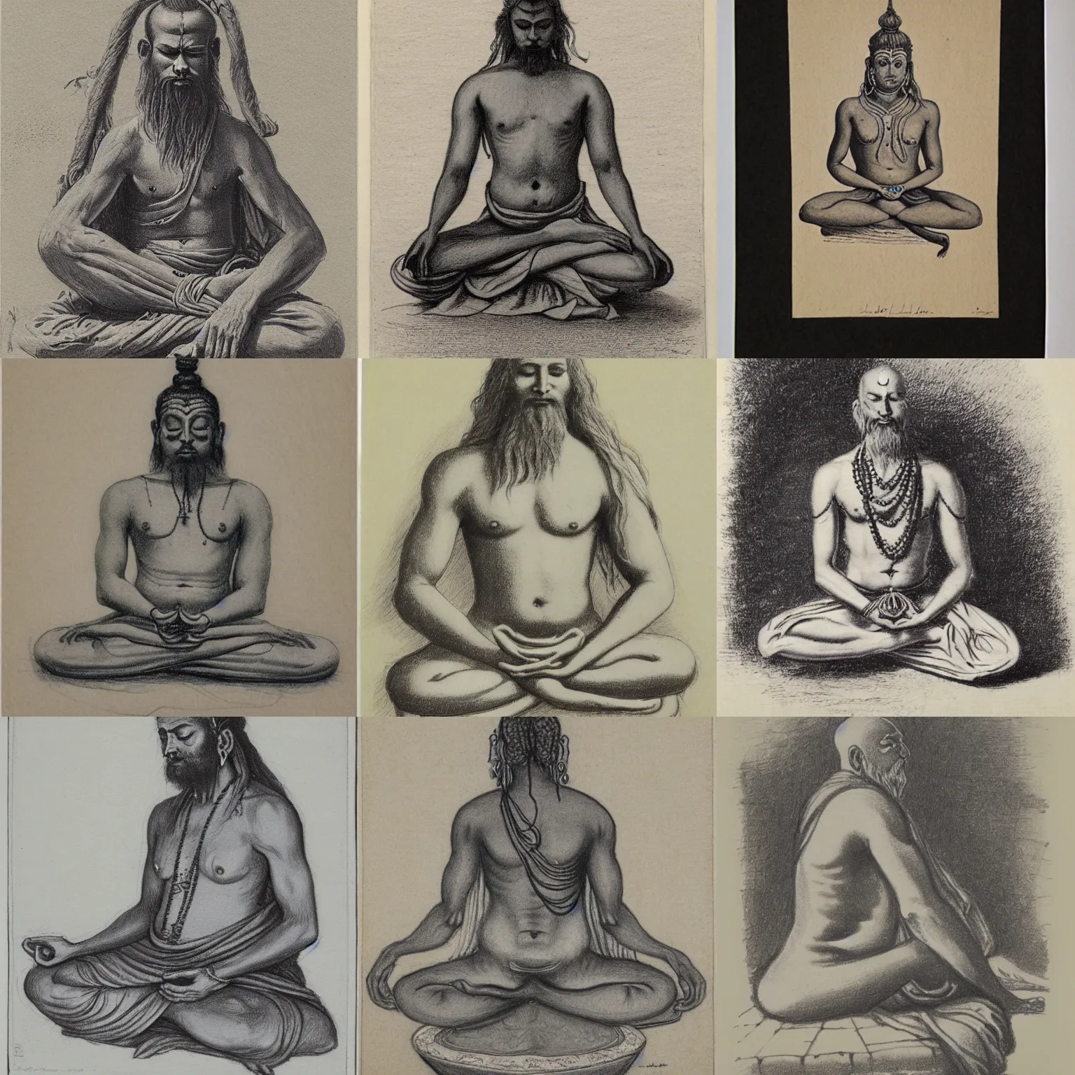 Prompt: fullbody sketch of a cool sadhu meditating, etching by louis le breton, 1 8 6 9, 1 2 0 0 dpi scan