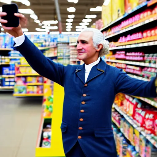 Image similar to professional color photo of George Washington taking a selfie in Walmart, 4k
