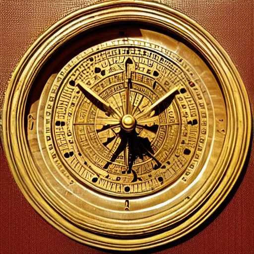 Prompt: ornate engraved carving of an astrolabe face on a gold panel