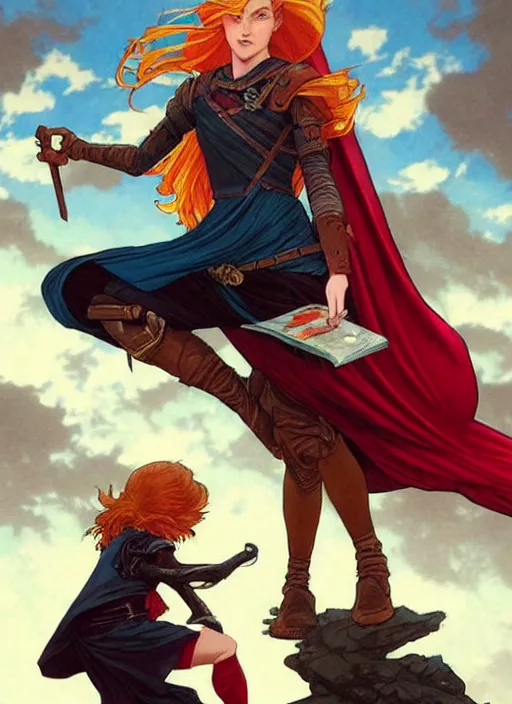 Image similar to an epic fantasy comic book style painting of a young red headed girl with a book in one arm meeting a young boy thief with blonde wearing plain brown leather thief clothes, d & d, fantasy, intricate, elegant, highly detailed, digital painting, artstation, concept art, matte, sharp focus, illustration, art by artgerm and greg rutkowski and alphonse mucha