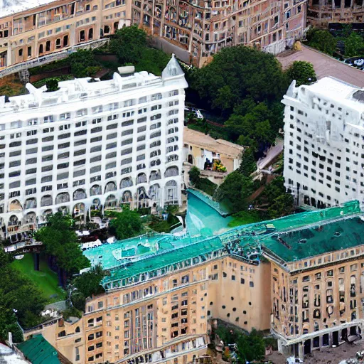 Prompt: a white grand hotel, with a hundred of windows, and a fountain at the yard of the hotel, satellite view photo