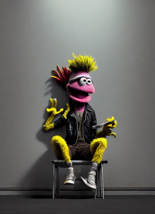 Image similar to highly detailed matte painting, of punk muppet sitting on maximalist 3 d calligraphy graffiti tag light eroding grey walls, by atey ghailan, by greg rutkowski, by greg tocchini, by james gilleard, by joe fenton, by kaethe butcher, yellow, brown, black and cyan mystical color scheme, grunge aesthetic, octane render