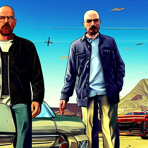 Prompt: Walter White in Grand Theft Auto V cover art