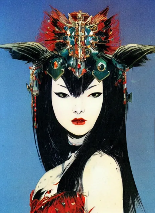 Image similar to female korean vampiress, jeweled headdress, heavy mascara, strong line, saturated color, beautiful! coherent! by frank frazetta, high contrast, minimalism