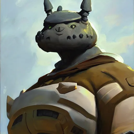 Image similar to greg manchess portrait painting of partially armored totoro as overwatch character, medium shot, asymmetrical, profile picture, organic painting, sunny day, matte painting, bold shapes, hard edges, street art, trending on artstation, by huang guangjian and gil elvgren and sachin teng