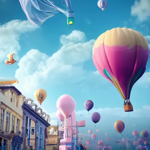 Prompt: 3 d, elaborate, giant, pastel, octane render, massive, detailed, shiny, 3 d, pastel, blowup balloon dragon with eyes and mouth, twisting geometry, floating in a 3 d painted sky, cinematic, 3 d designed city, 4 k by'eva cremers'and'lesley barnes'and'jordan coelho'