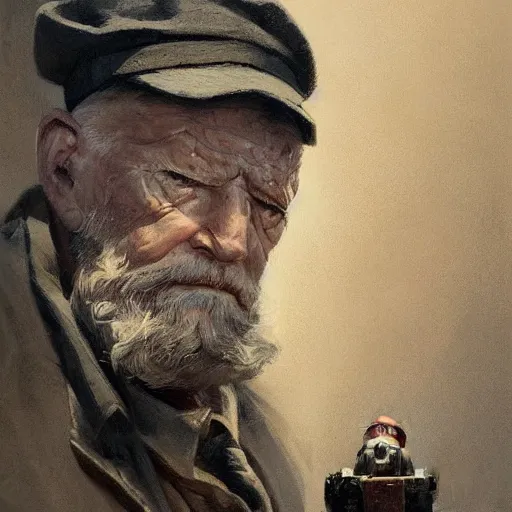 Image similar to old man portrait, ww 2 hand grenade in his left, he pulling pin, greg rutkowski art