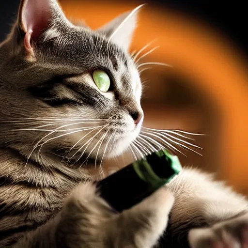 Prompt: cat smoking a cigar, cigar in mouth, whiskers, close up photography, dimly lit