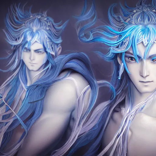 Image similar to an immortal xianxia cultivator with long blue hair as an absurdly handsome, elegant, young anime man, ultrafine hyperrealistic detailed face illustration by kim jung gi, irakli nadar, intricate linework, sharp focus, bright colors, matte, gujian, final fantasy, unreal engine highly rendered, global illumination, radiant light, intricate environment