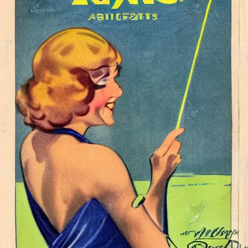 Image similar to a 1 9 2 8 cover of a quality magazine. happy, healthy, beautiful, smiling, young, sporty, glowing woman in decent athletic holding a glowing radium rod. hyper - realistic detailed color drawing