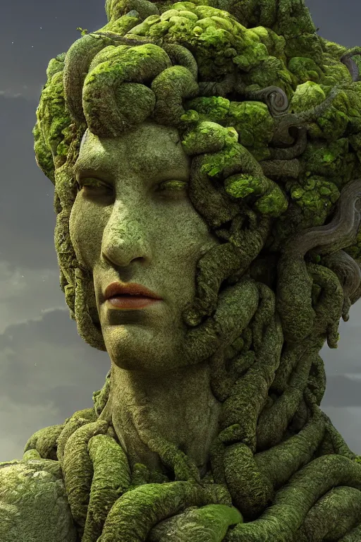 Image similar to giant medusa head of stone, mossy stone, deep jungle, octane render, unreal engine, trending on artstation, ultra detailed, realistic, cinematic lighting, astmopheric, 8 k