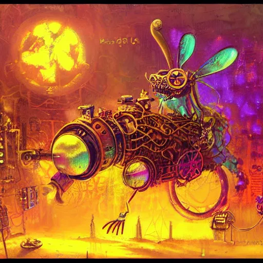 Image similar to steampunk rat, acid, 303, psychedelic, by paul lehr