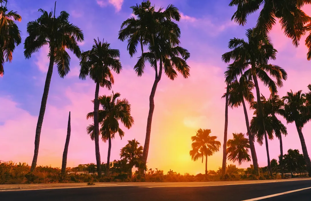 Image similar to a vaporwave landscape with palm trees at the sides of an highway, the sun setting in the background, orange and purple tones, high definition, 8 k, lo - fi, aesthetic