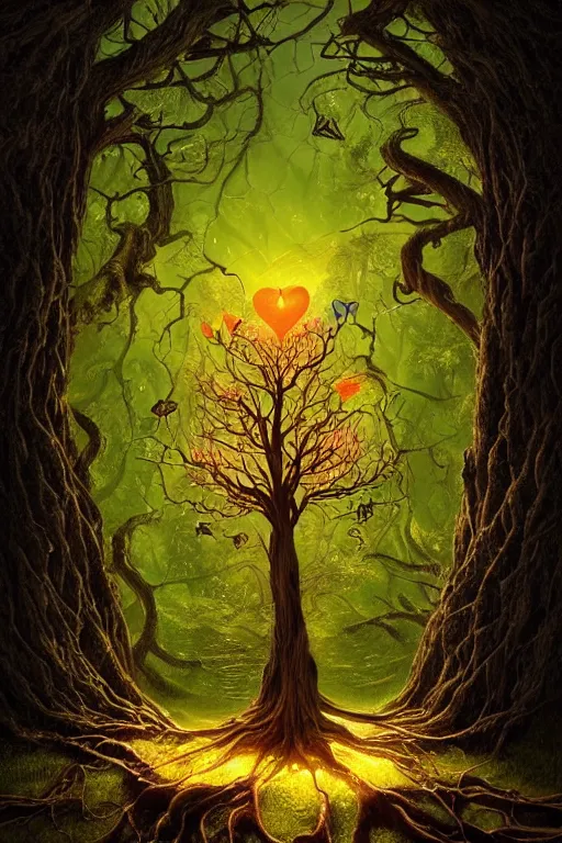 Image similar to a beautiful digital illustration painting of a detailed gothic fantasy fireflies and roots, fantasy tree with heart carved into the bark by benoit b. mandelbrot, steven belledin, martin johnson heade, lee madgwick, caspar david friedrich, and david rios ferreira. 8 k resolution trending on artstation concept art digital illustration