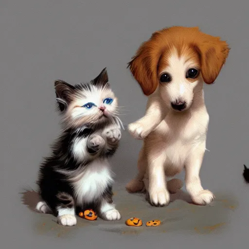 Prompt: The cutest puppy and kitten in the world are playing with each other, higly detailed, ArtStation, high quality, digital illustration