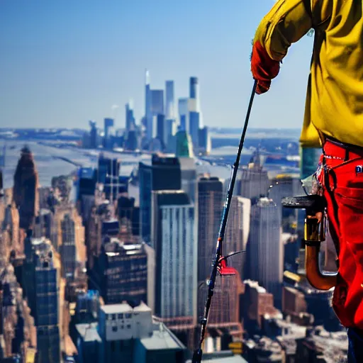 Prompt: closeup portrait of a construction worker with a fishing rod sitting on a metal beam high over new york city, photography