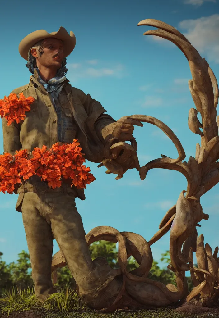 Image similar to A cowboy turning into blooms. tropical sea slugs, tractor tires. complementary colors. national geographic. 8k, rendered in octane, smooth gradients. sculpture by antonio canova