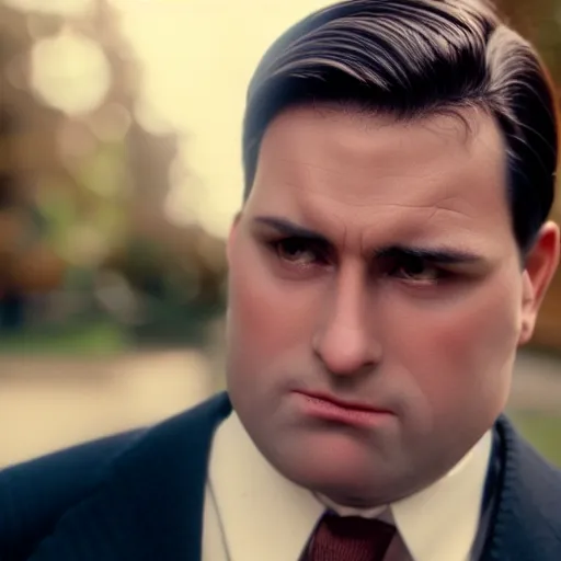 Prompt: Close up portrait of a clean-shaven chubby man with medium length brown hair wearing a chocolate brown suit and necktie. Photorealistic. Award winning. 35mm movie film still. Intricate details. UHD 8K. He looks very shocked.