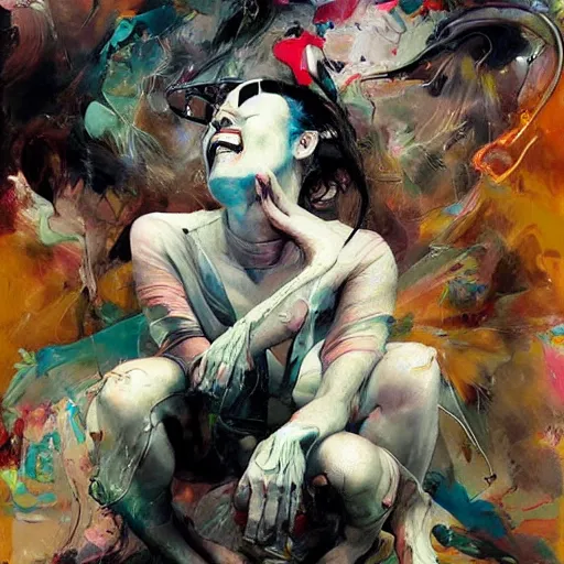 Image similar to grinning woman in a vr headset, dynamic energic pose, cyberpunk in the style of adrian ghenie, esao andrews, jenny saville, surrealism, dark art by james jean, takato yamamoto