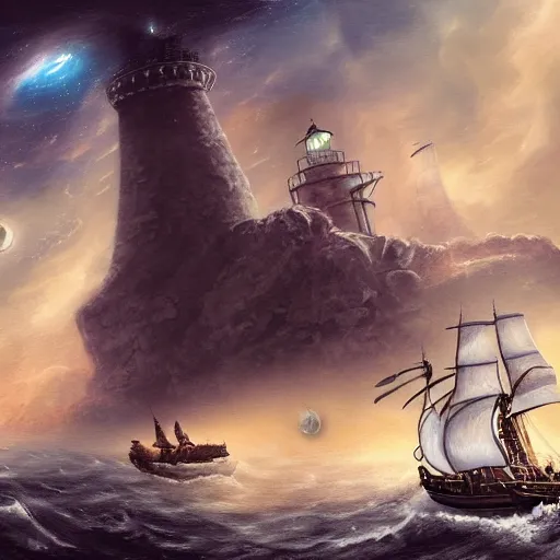 Image similar to pirates sailing the lighthouse in the middle of the galaxy , wide angle shot, diffuse lighting, fantasy, intricate, elegant, highly detailed, lifelike, photorealistic, digital painting, illustration, concept art, smooth, sharp focus, A24!film cinematography