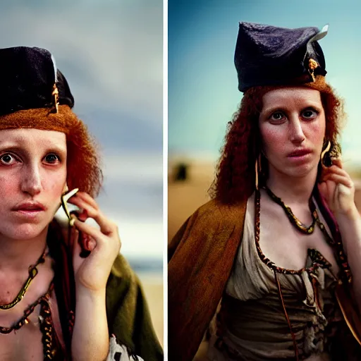 Prompt: Beautiful 17th Century Barbary Coast pirate female models with Ginger hair and Golden hooped earrings photography by Steve McCurry