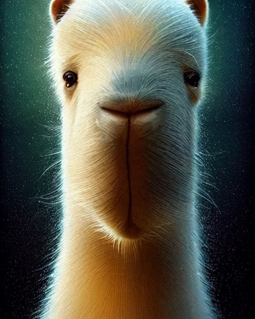 Image similar to complete and delicate portrait of a white capybara, beautiful, agile, fairy, myth, legend, detailed, trending on artstatioin, light effects, kilian eng, john harris, bastien lecouffe - deharme