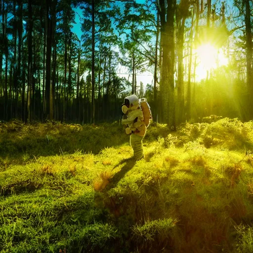 Prompt: An astronaut exploring a green swamp in an alien planet at golden hour