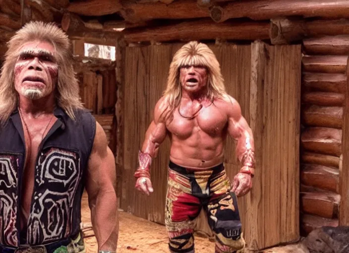 Image similar to film still of the Ultimate Warrior WWF in a log cabin in the new MANDY movie, 4k