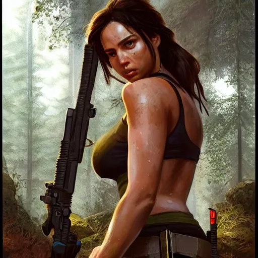 Image similar to photo of lara croft cuffed arrested by cops in a forest, 8 k, by greg rutkowski, artgerm,