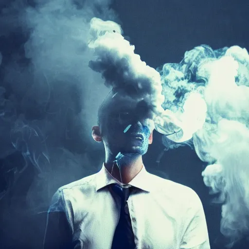 Prompt: concerned man looking into the camera with an army of smoke monsters behind him, anti-smoking campaign, highly detailed, dramatic lighting, wide shot