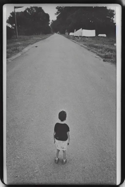 Image similar to photo polaroid of a sad and lonely child stands in the middle of a road, by the roadside many tents of field hospitals, pandemic, covid,loneliness, black and white ,photorealistic, 35mm film,