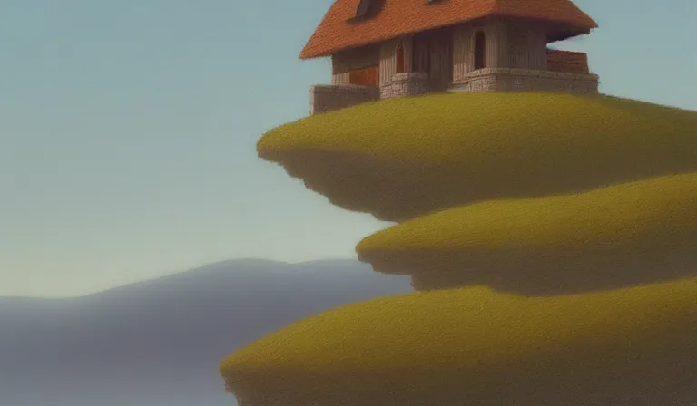 Prompt: A serene landscape with a singular building in the style of Michael Whelan.