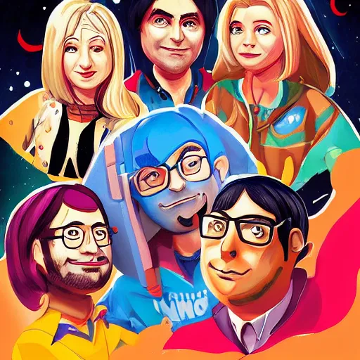 Image similar to characters of The Big Bang Theory illustrated by waveloop, artstation