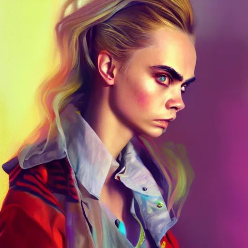 Image similar to cara delevingne, full body portrait colorful oil painting by mad dog jones, charlie bowater, yuumei, yanjun cheng, unreal 5, daz, hyperrealistic, octane render, rpg portrait, dynamic lighting, fantasy art, beautiful face