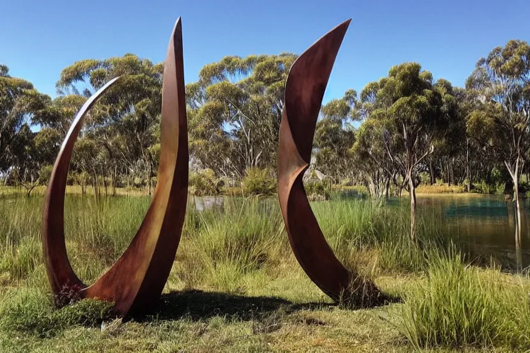 Prompt: “dramatic award-winning sculpture in an Australian wetlands, sculpture garden”