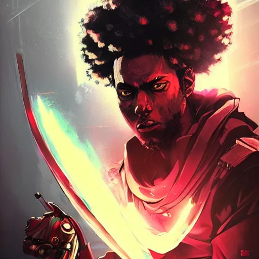 Prompt: afro samurai with robotic eyes in a dark fantasy cyberpunk style with a glowing ruby in the middle of his forehead, Apex Legends character, digital illustration portrait design, by android jones and greg rutkowski, retrowave color scheme, detailed, cinematic lighting, wide angle action dynamic portrait