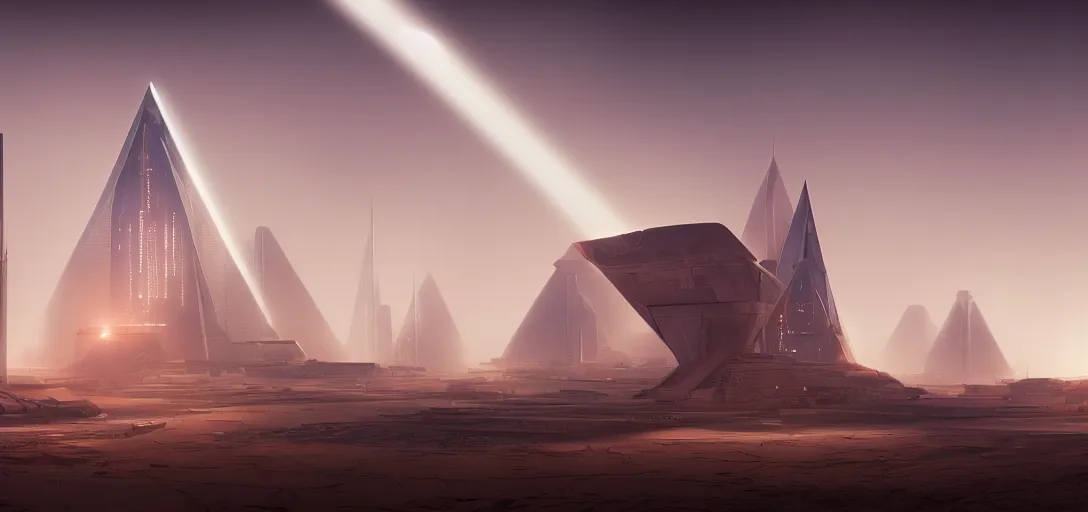 Prompt: view from the desert ground of futuristic mechanical blade runner pyramids cyberpunk architecture, light rays, symmetry, cinematic lighting, ultra detailed, sharp, ambient occlusion, bloom, raytracing, by greg rutowski, paul chaidesson and jessica rossier