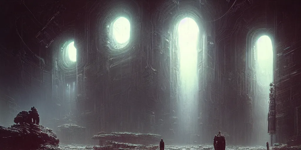 Image similar to lost and alone in a vast future sci - fi cyberpunk brutalist megastructure temple by gustave dore and gustave moreau and beksinski and giger and craig mullins and jeremy mann, anamorphic lens flares