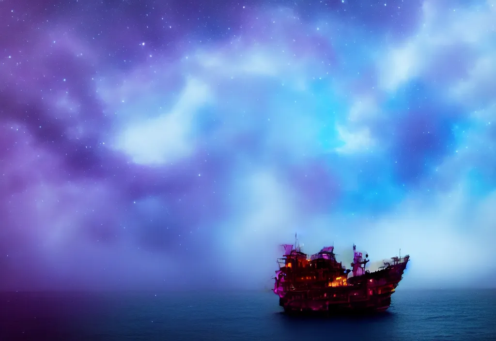 Image similar to purple color lighting storm with stormy sea, pirate ship pirate ship pirate ship firing its cannons trippy nebula sky 50mm shot fear and loathing movie