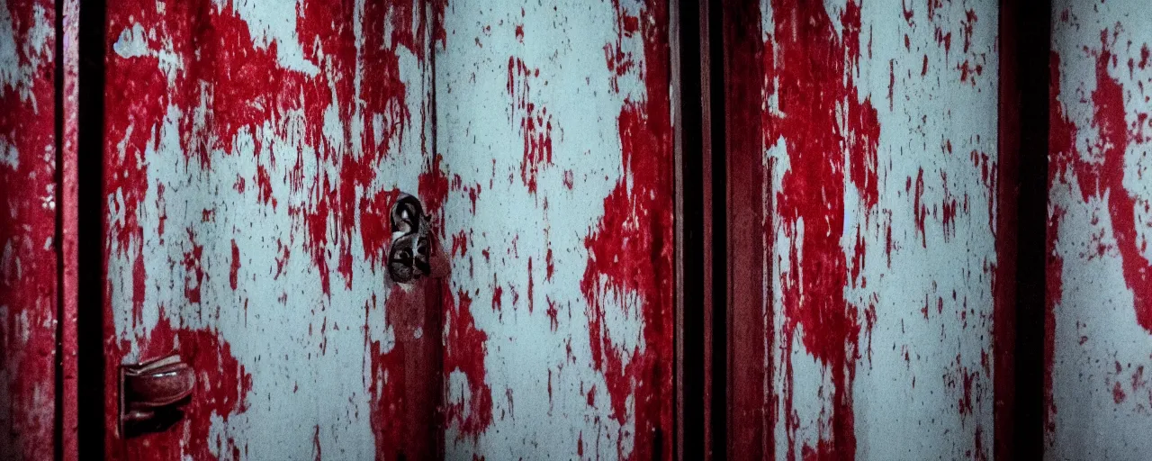 Prompt: dutch angle shot of a door at the end of a damp hallway. Black vinelike tendrils are growing out of the door. There is also ominous red light glowing through the cracks of the door. 100mm anamorphic panavision, 8k, still from the movie