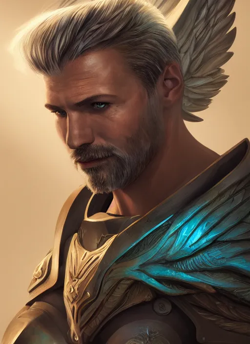 Image similar to an epic fantastic realism comic book style portrait painting of an aasimar paladin, male, angel wings on back, silver hair, short brown beard, d & d concept art, unreal 5, daz, teal aesthetic, octane render, cosplay, rpg portrait, dynamic lighting