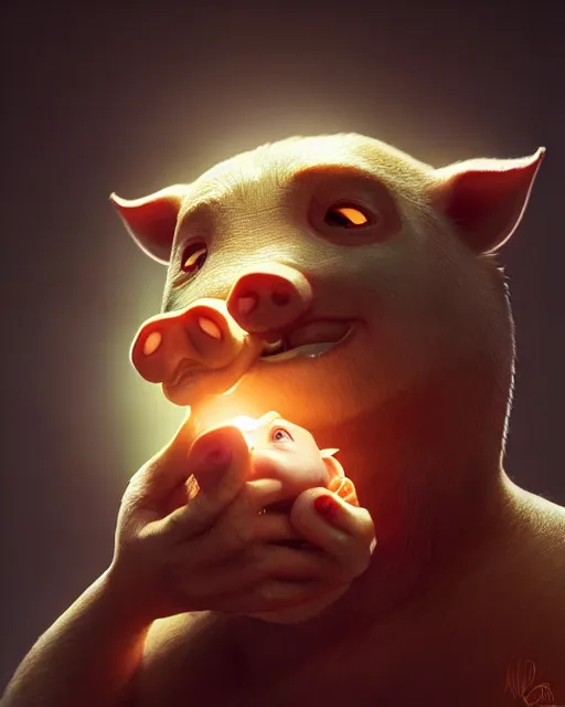 Image similar to movie still macro close photo of anonymous holding pork to mouth, by weta disney pixar greg rutkowski wlop ilya kuvshinov rossdraws artgerm octane render iridescent, bright morning, liosh, mucha