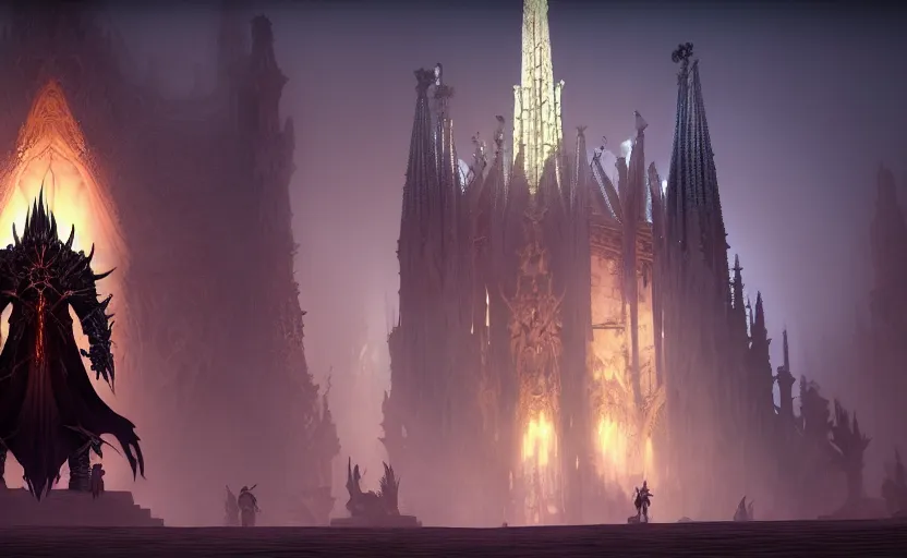Prompt: Diablo 3 Tyrael standing in front of the Sagrada Familia, epic, heroic, featured on artstation, 4k, dark lighting, unreal engine 5