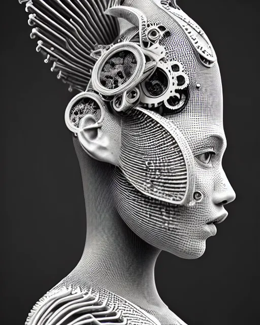 Prompt: mythical black and white organic bio-mechanical spinal ribbed profile face portrait detail of mechanical beautiful female angelic-vegetal-cyborg, highly detailed, intricate steampunk ornate, poetic, 3D render, digital art, octane render, 8K artistic photography, photo-realistic, by Dora Maar