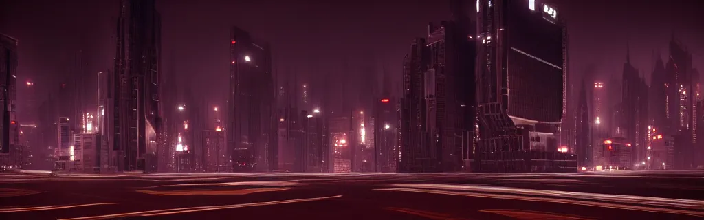 Image similar to an immaculate octane redshift rendering of a futuristic city scape at night in the fog. ambient occlusion. volumetric lighting.