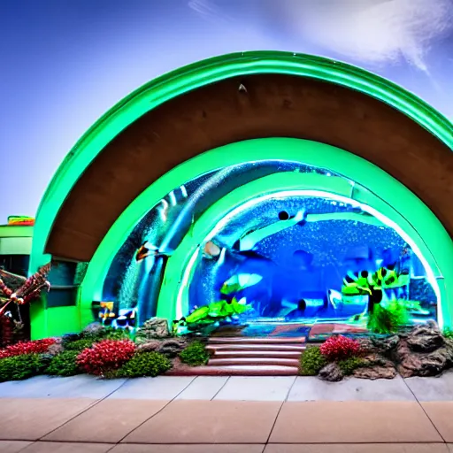 Prompt: 1 9 8 5 crab themed giant aquarium, googie architecture, one point perspective, americana, fishcore, exterior photography, hd 8 k, taken by ansel adams